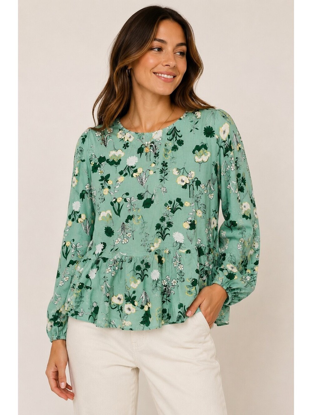 LOFT Floral Peplum Blouse Women XL Mint Green Long Balloon Sleeve Cottage Y2K